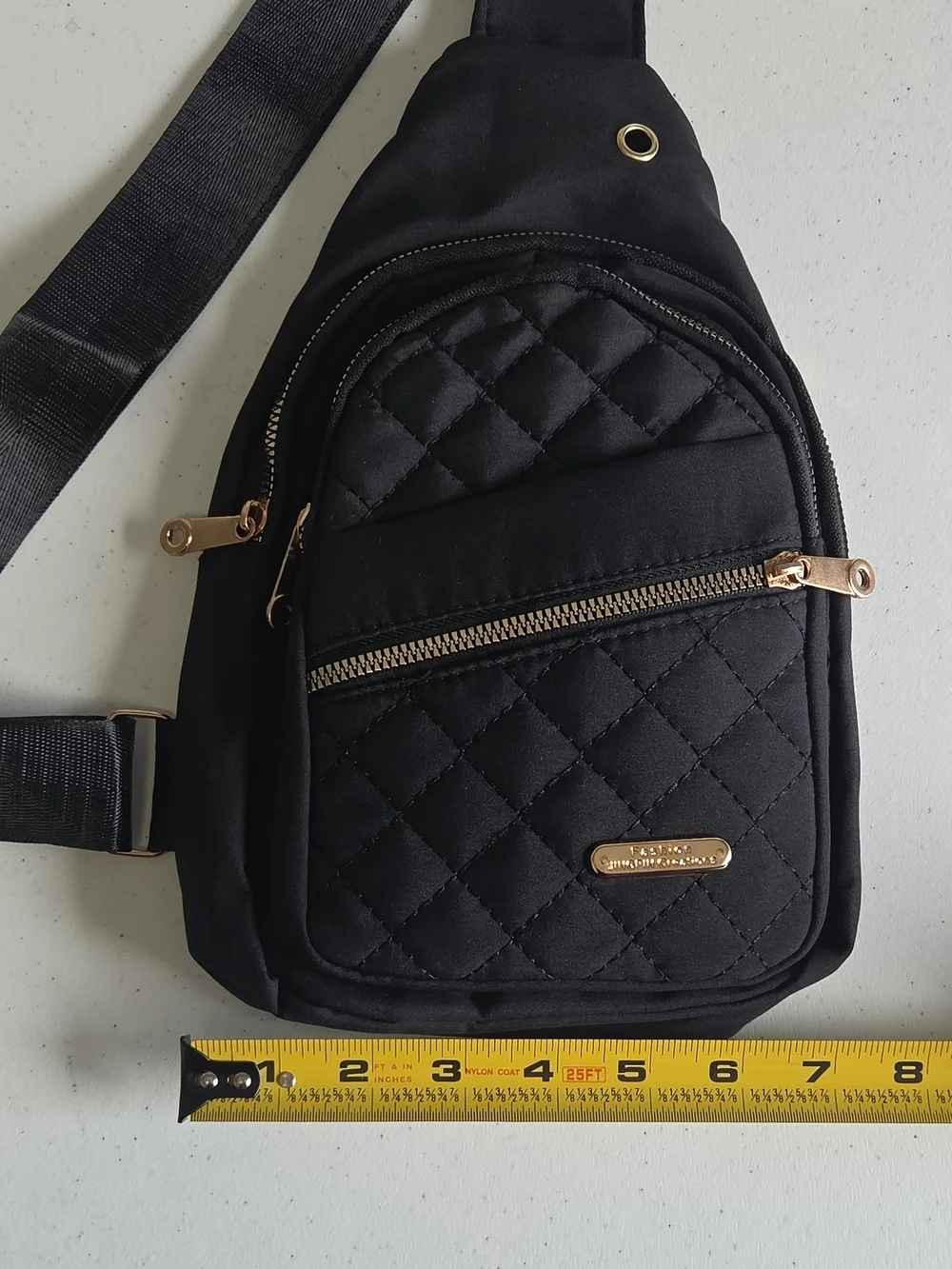 Black Quilted Chest Bag Crossbody Sling with Gold Hardware